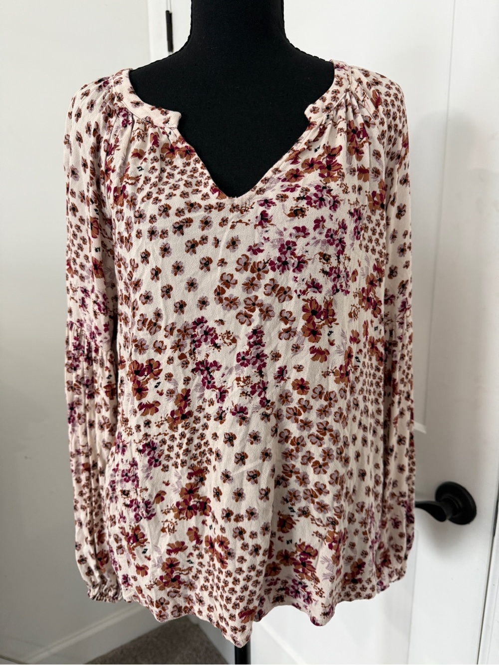 Vici Cream Floral V-Neck Long Sleeve Top with Pink & Brown Print